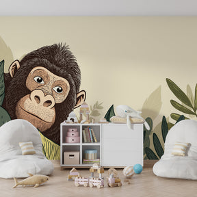 Safari monkey wallpaper transforming kids bedroom into jungle adventure space with natural tones