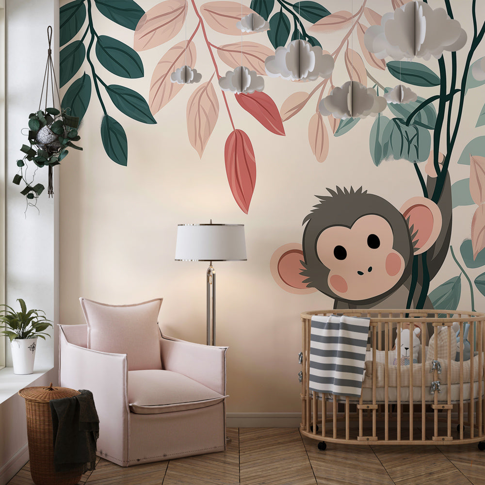 Safari monkey wallpaper creating peaceful atmosphere in baby room with natural decor