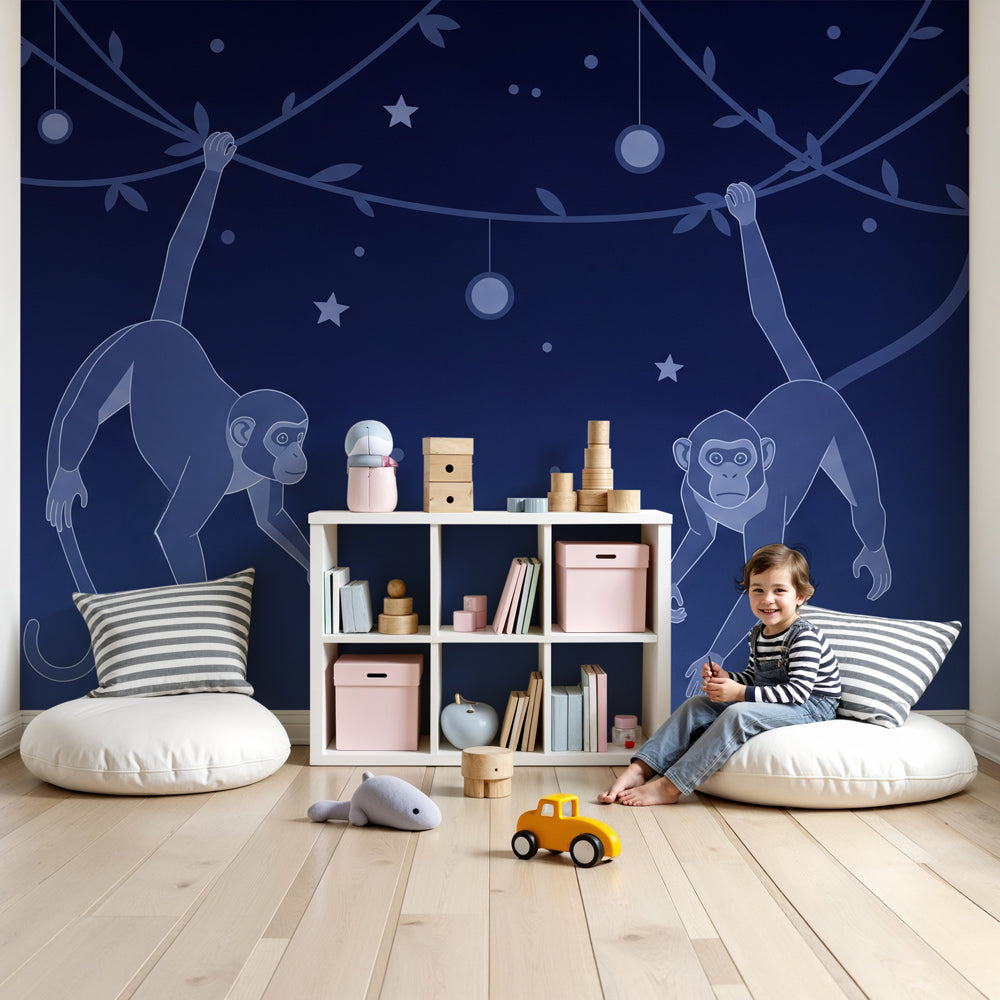 Playful monkey mural wallpaper in modern nursery with starry night jungle theme by Kids-Mundo
