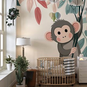 Monkey and leaves mural wallpaper transforming toddler bedroom into jungle adventure