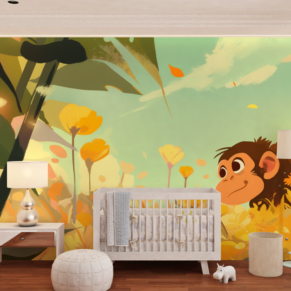 Animal themed monkey wallpaper transforming toddler playroom with vibrant flower meadow design