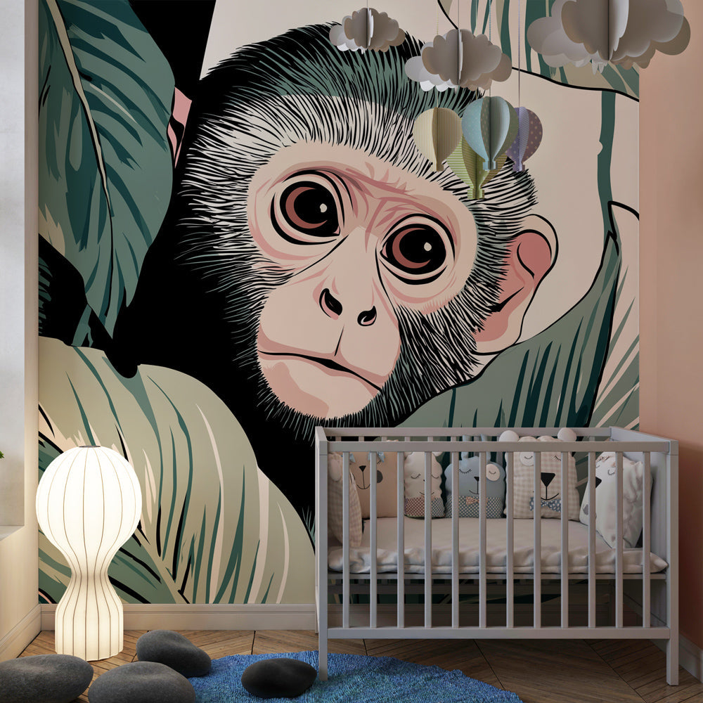 Animal-themed monkey mural wallpaper for toddler room featuring curious primate among tropical leaves