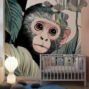 Animal-themed monkey mural wallpaper for toddler room featuring curious primate among tropical leaves