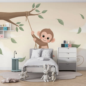 Animal mural wallpaper featuring cute monkey among clouds for children's bedroom