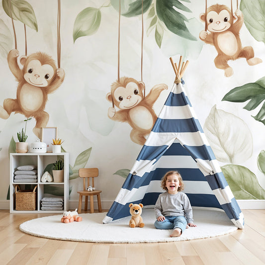 Monkey jungle mural wallpaper creating tropical nursery decor with playful primates and green foliage by Kids-Mundo