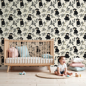 Playful monkey mural wallpaper transforming modern kids bedroom with tropical foliage by Kids-Mundo
