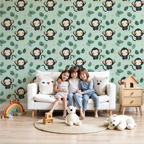 Tropical monkey mural wallpaper creating playful jungle atmosphere in modern kids nursery by Kids-Mundo