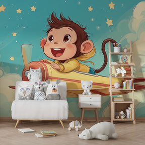 Adventure sky monkey pilot wallpaper creating dreamy atmosphere in kids bedroom