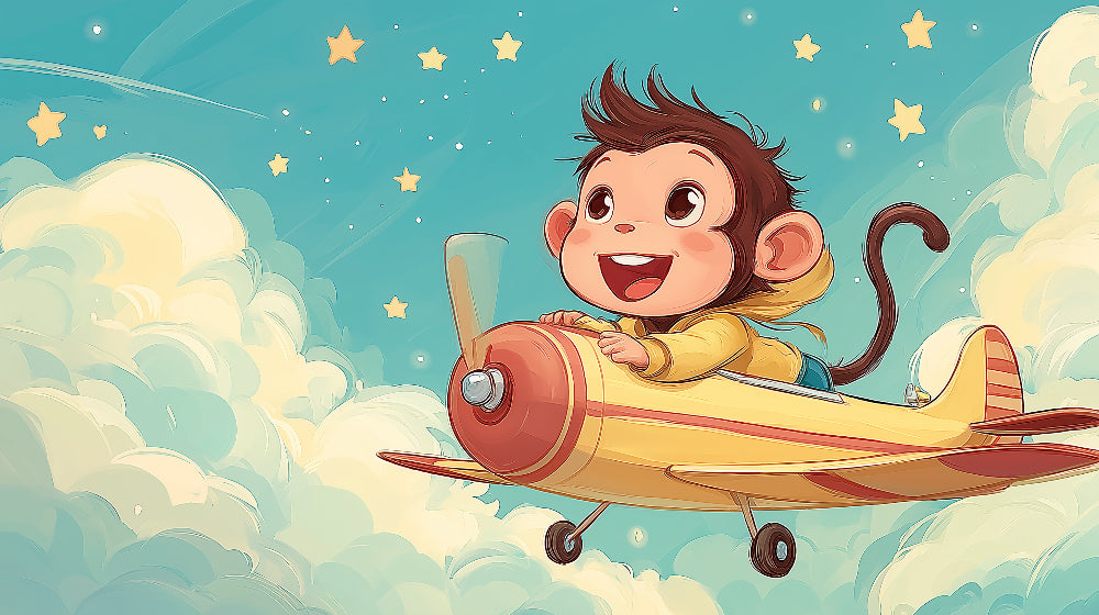 Detailed monkey pilot aviation mural wallpaper design pattern with clouds and stars by Kids-Mundo