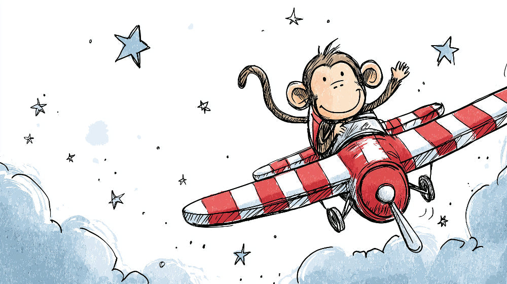Detailed monkey pilot adventure mural wallpaper design pattern with airplane and stars by Kids-Mundo