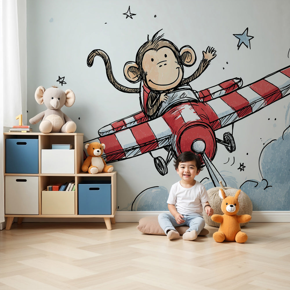 Monkey pilot adventure mural wallpaper in modern nursery with airplane theme by Kids-Mundo