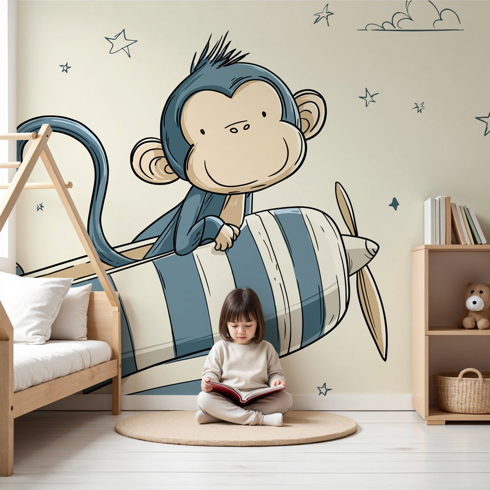 Monkey pilot mural wallpaper creating magical aviation theme in modern nursery by Kids-Mundo