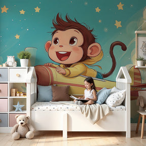 Monkey pilot aviation mural wallpaper in modern nursery with blue sky theme by Kids-Mundo