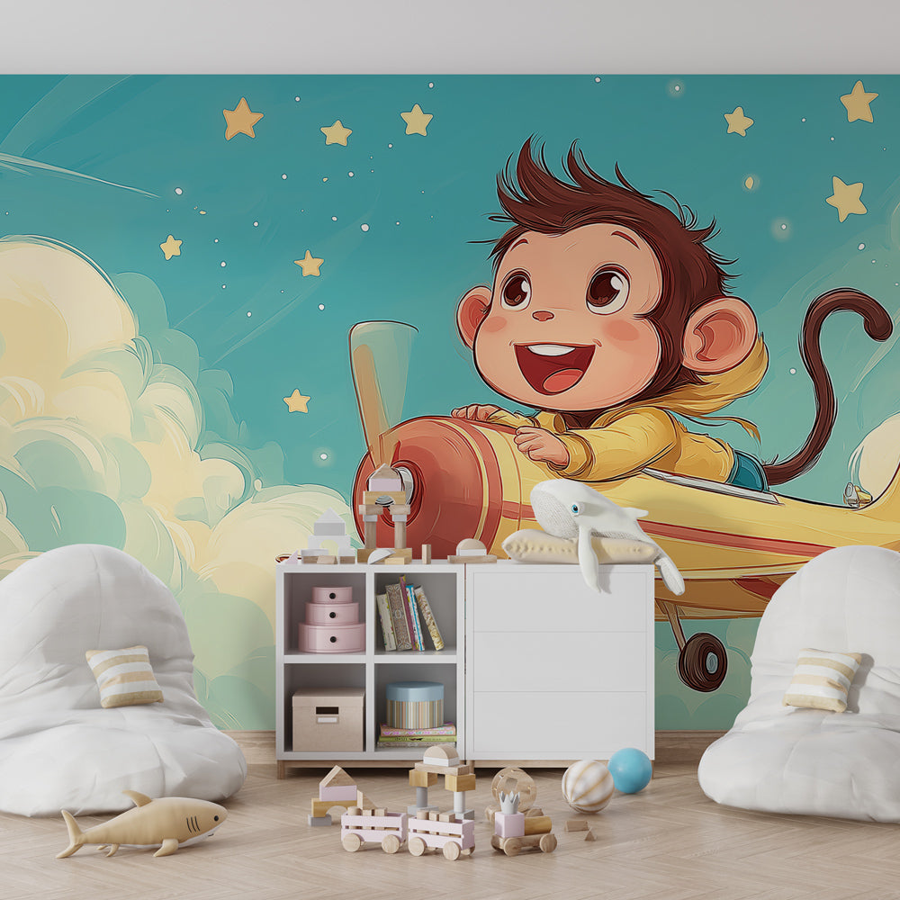 Aviation themed monkey pilot mural wallpaper inspiring imagination in children's playroom