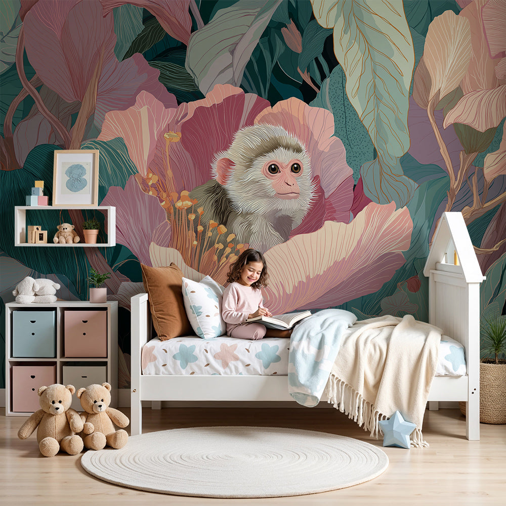 Kids-Mundo pink peony monkey wall mural on a nursery wall behind a cot and rug