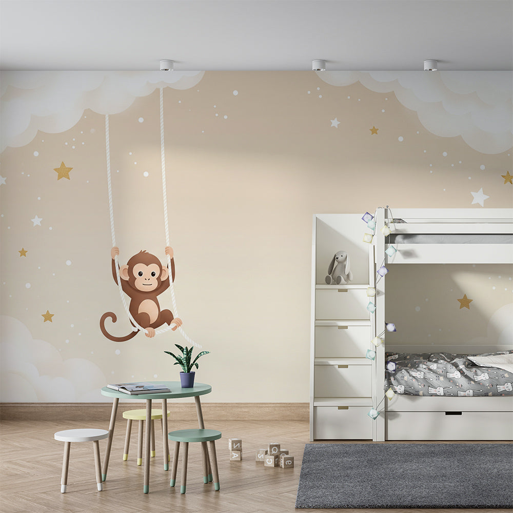 Kids-Mundo swinging monkey wall mural in a soft, cloud-themed kids bedroom