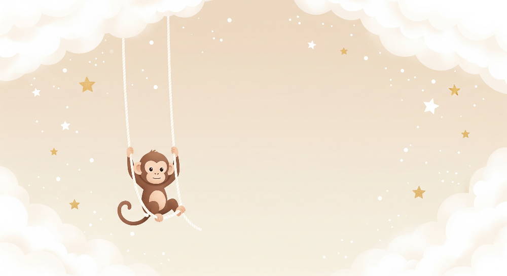 Kids-Mundo flat artwork of a monkey swinging on a rope among clouds and stars