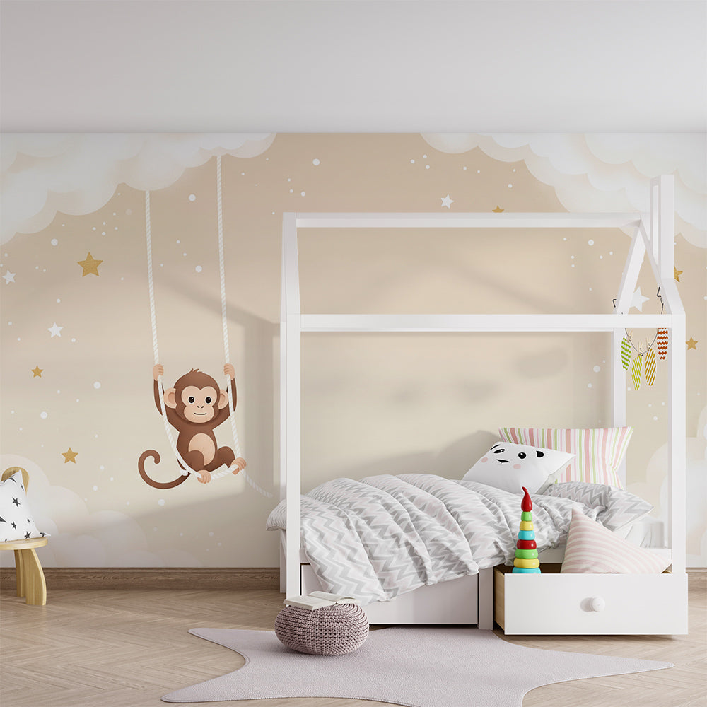 Kids-Mundo cheerful monkey wall mural brightening a warm, playful playroom