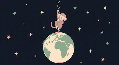 Kids-Mundo flat artwork of a monkey swinging from planet Earth among colourful stars