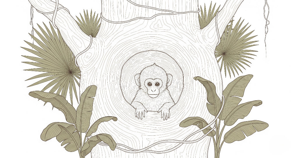 Detailed tropical monkey tree mural wallpaper design pattern showing jungle foliage by Kids-Mundo
