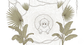 Detailed tropical monkey tree mural wallpaper design pattern showing jungle foliage by Kids-Mundo