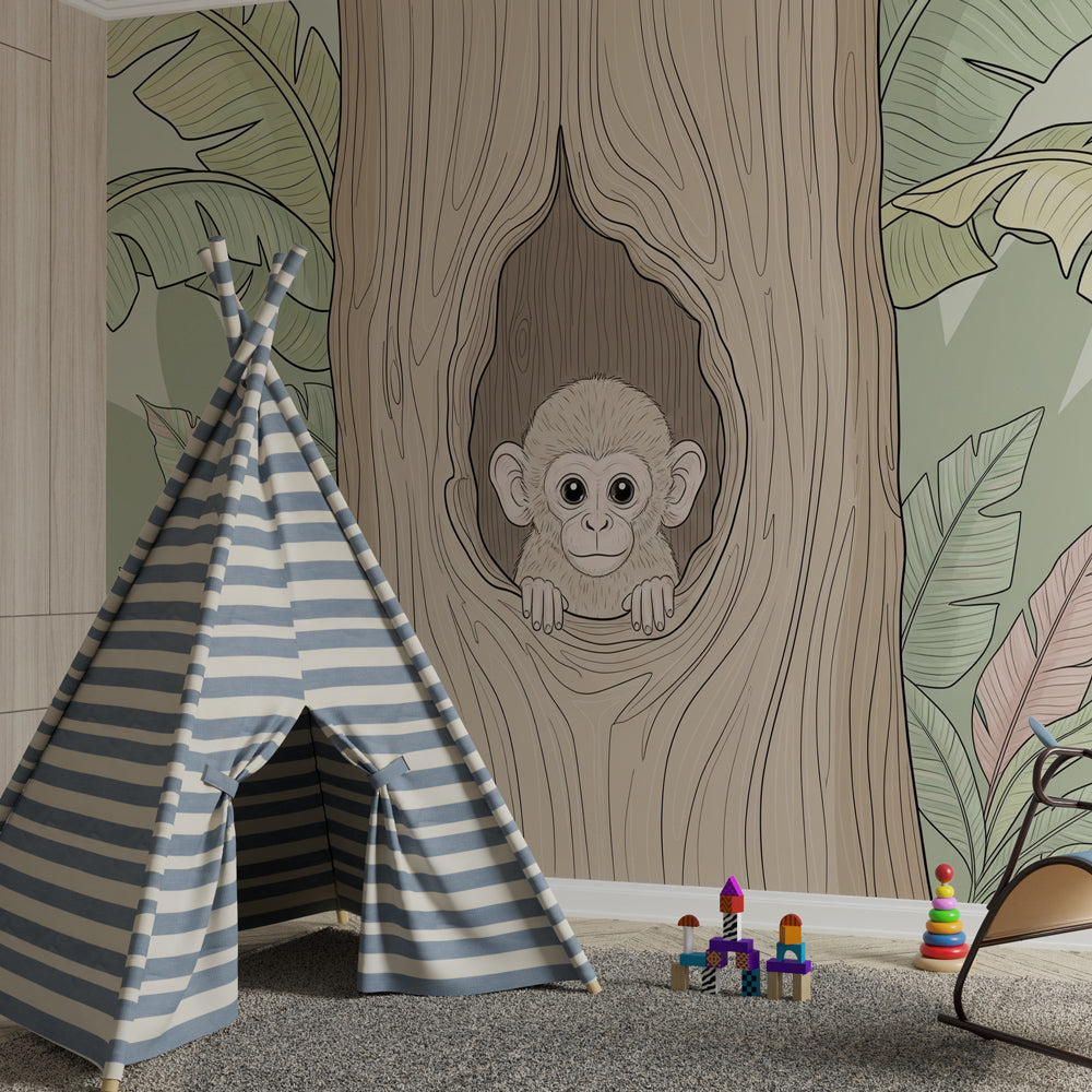 Jungle animal mural wallpaper with playful monkey in child's bedroom setting by Kids-Mundo