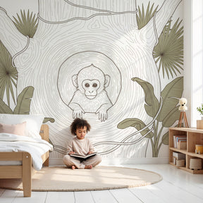 Tropical monkey tree mural wallpaper in modern nursery with natural wood crib by Kids-Mundo