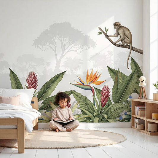 Kids-Mundo curious monkey jungle wall mural styled in a soft, botanical nursery with tropical greenery.