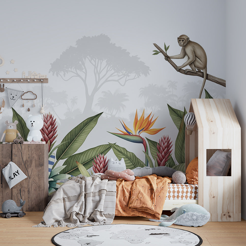 Kids-Mundo jungle monkey wall mural pictured in a playful children's playroom.