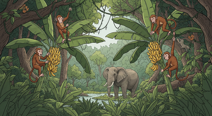 Kids-Mundo flat artwork of monkeys in banana trees and an elephant in the jungle