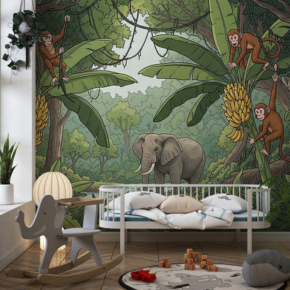 Kids-Mundo jungle animal wall mural brightening a green and playful playroom