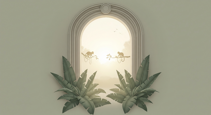 Flat artwork of the Kids-Mundo monkeys at golden sunset arch wall mural