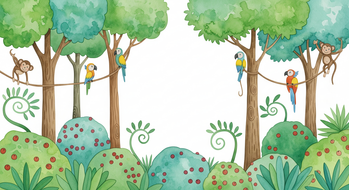 Kids-Mundo flat artwork of two monkeys and colourful parrots among leafy jungle trees.