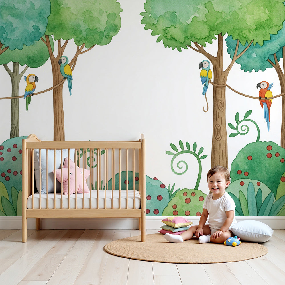 Kids-Mundo monkey and parrot jungle wall mural styled in a fresh green nursery room.