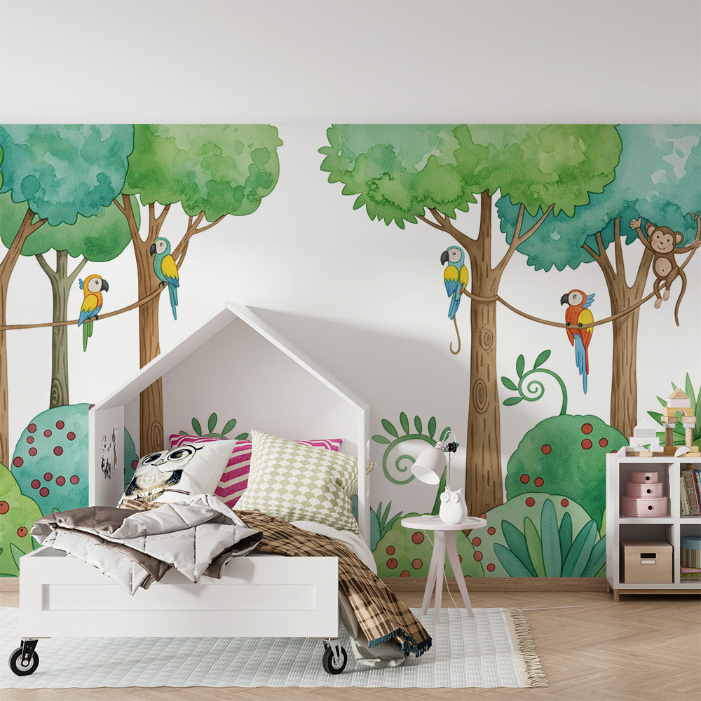 Kids-Mundo monkeys and parrots wall mural pictured in a lively children's playroom.