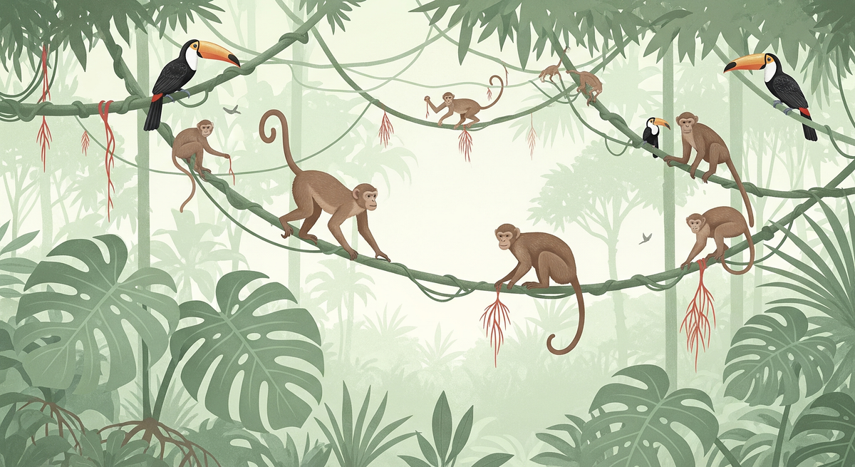 Playful Monkeys and Toucans on Jungle Vines Wall Mural