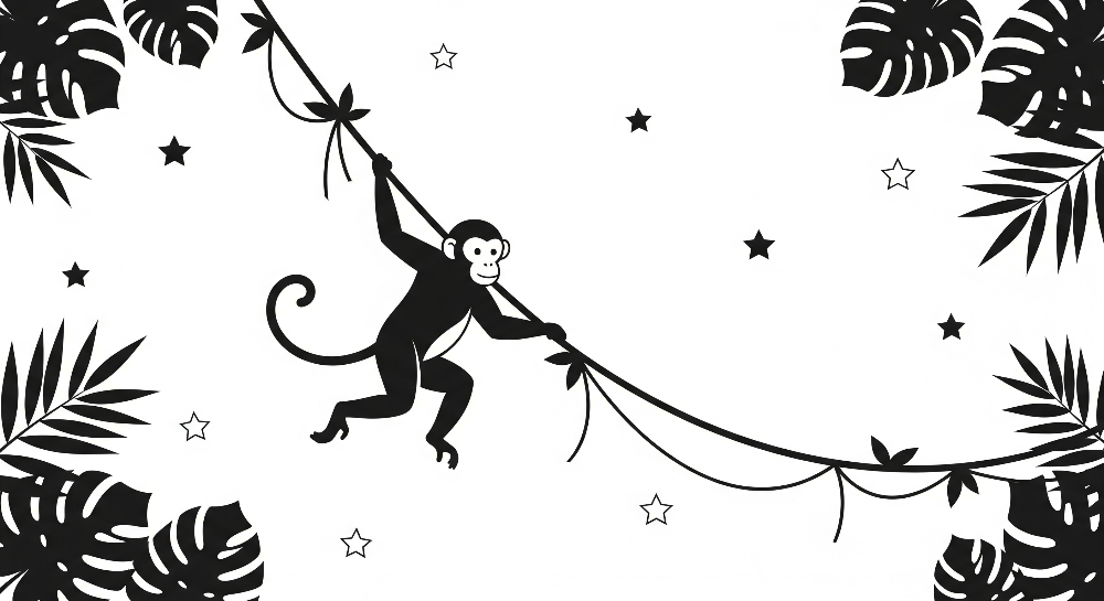 Kids-Mundo flat artwork of a monochrome monkey swinging on a vine with stars for a wall mural.