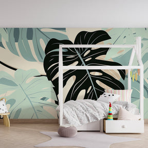 Tropical botanical wallpaper creating calming kids bedroom decor with green monstera leaves