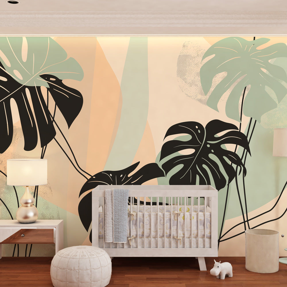 Botanical monstera wallpaper creating serene kids bedroom with wooden furniture