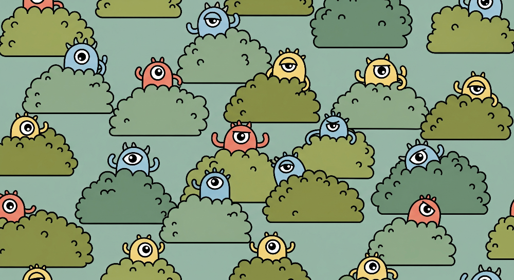 Flat artwork of the Kids-Mundo peekaboo monster wall mural design with leafy green bushes throughout.