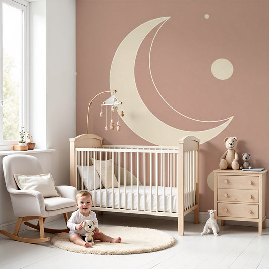 Kids-Mundo moon and stars wall mural in a dusty pink nursery with a cot and soft furnishings