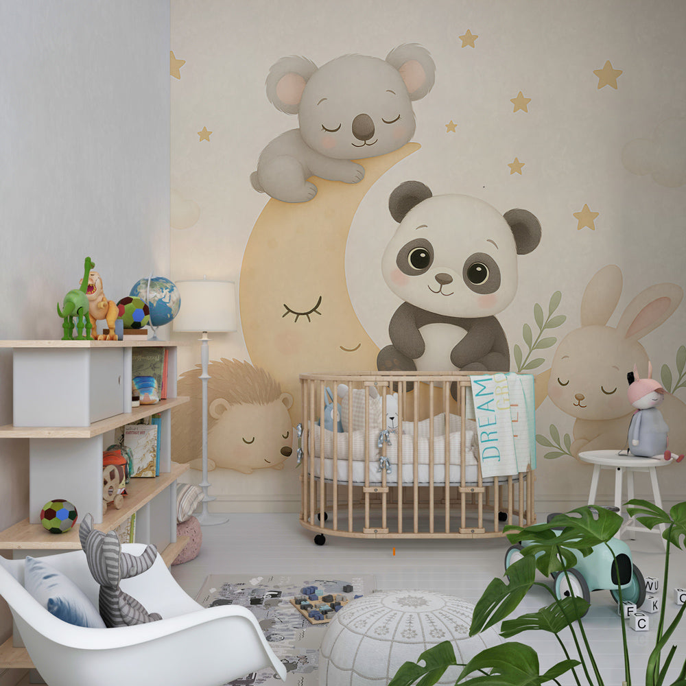 Cute animal wallpaper creating peaceful atmosphere in neutral tone nursery decor