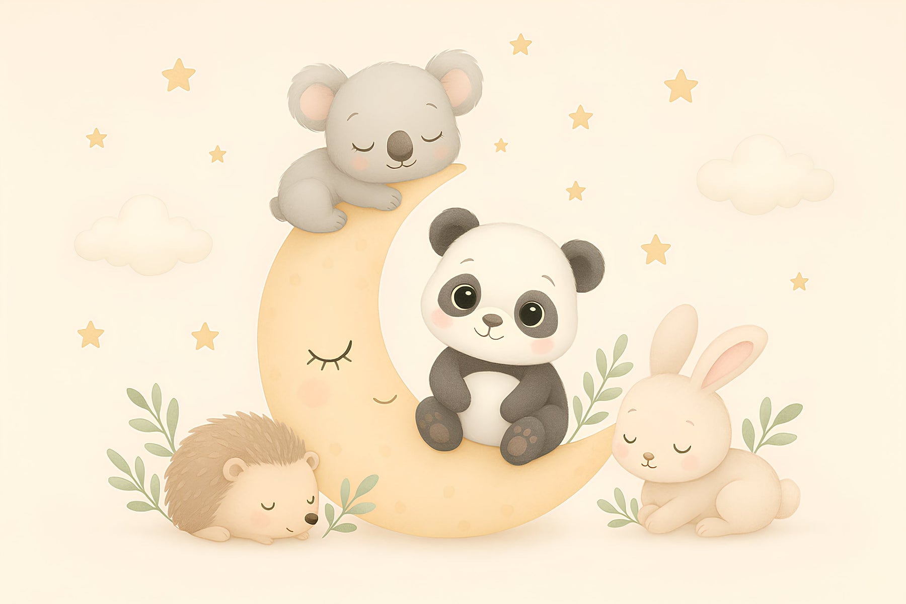 Detailed moon animals mural wallpaper design pattern featuring panda koala hedgehog by Kids-Mundo