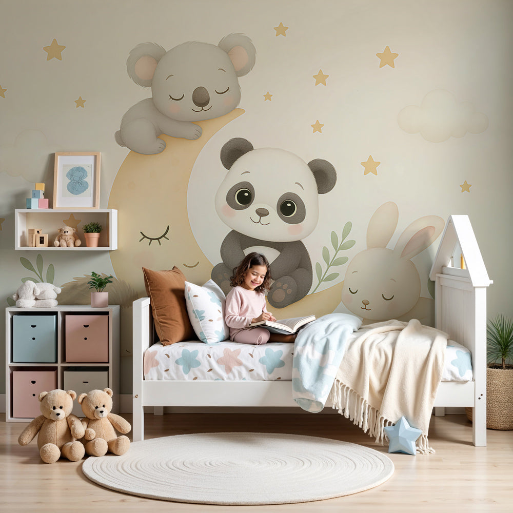 Moon animals mural wallpaper in modern baby nursery with wooden crib by Kids-Mundo
