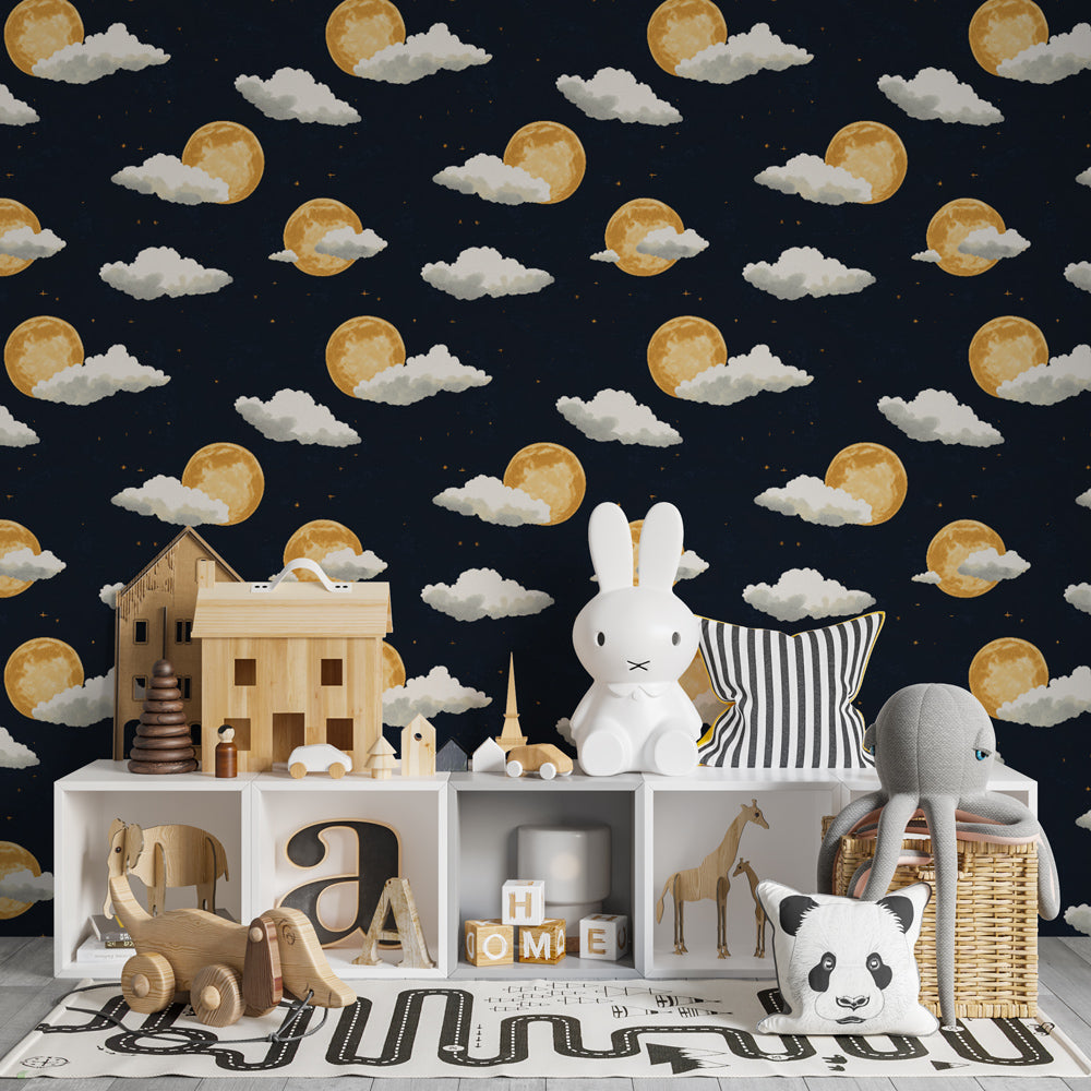 Night sky mural wallpaper with golden moons and soft clouds in modern children's nursery decor