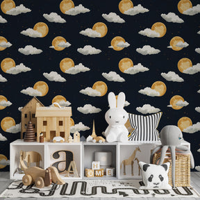 Night sky mural wallpaper with golden moons and soft clouds in modern children's nursery decor