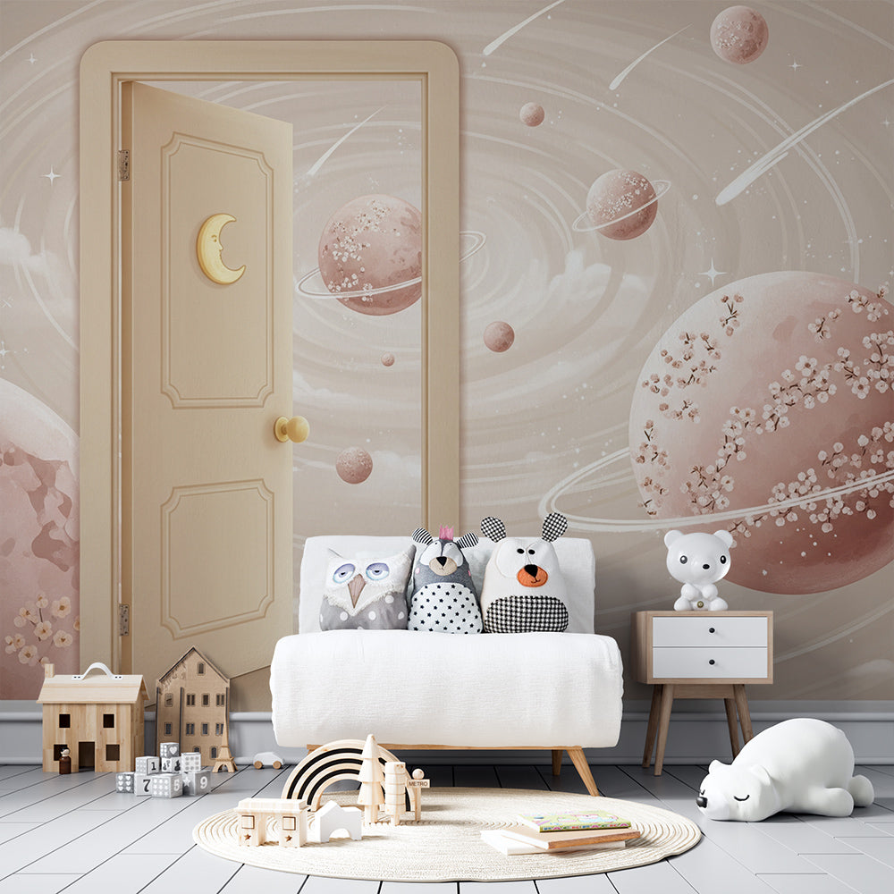 Kids-Mundo moon and blossom planets wall mural on a feature wall in a girls' bedroom