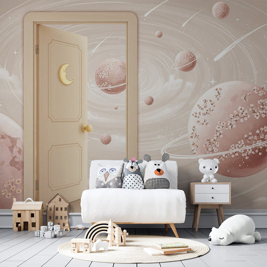 Kids-Mundo moon and blossom planets wall mural on a feature wall in a girls' bedroom