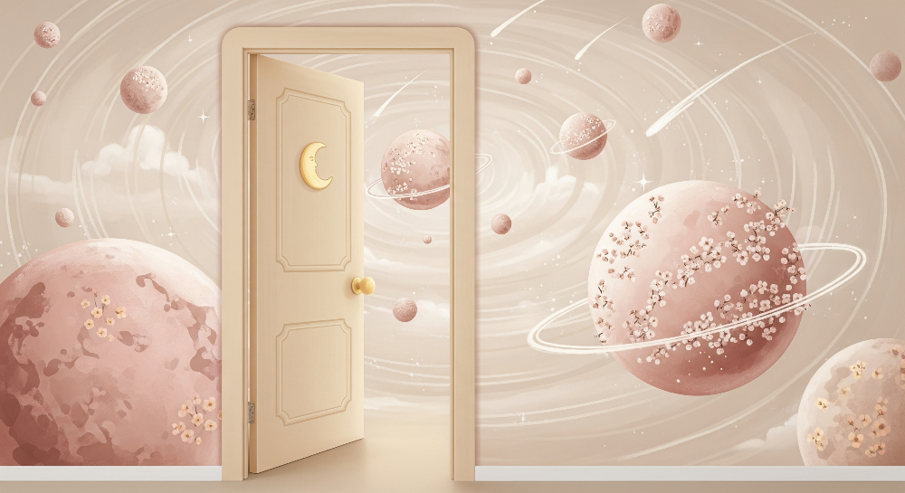 Open Door with Moon and Blossom Planets Wall Mural