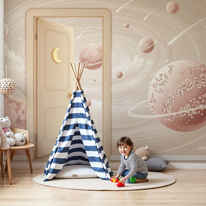 Moon door wall mural by Kids-Mundo styled beside a crib in a blossom-pink nursery